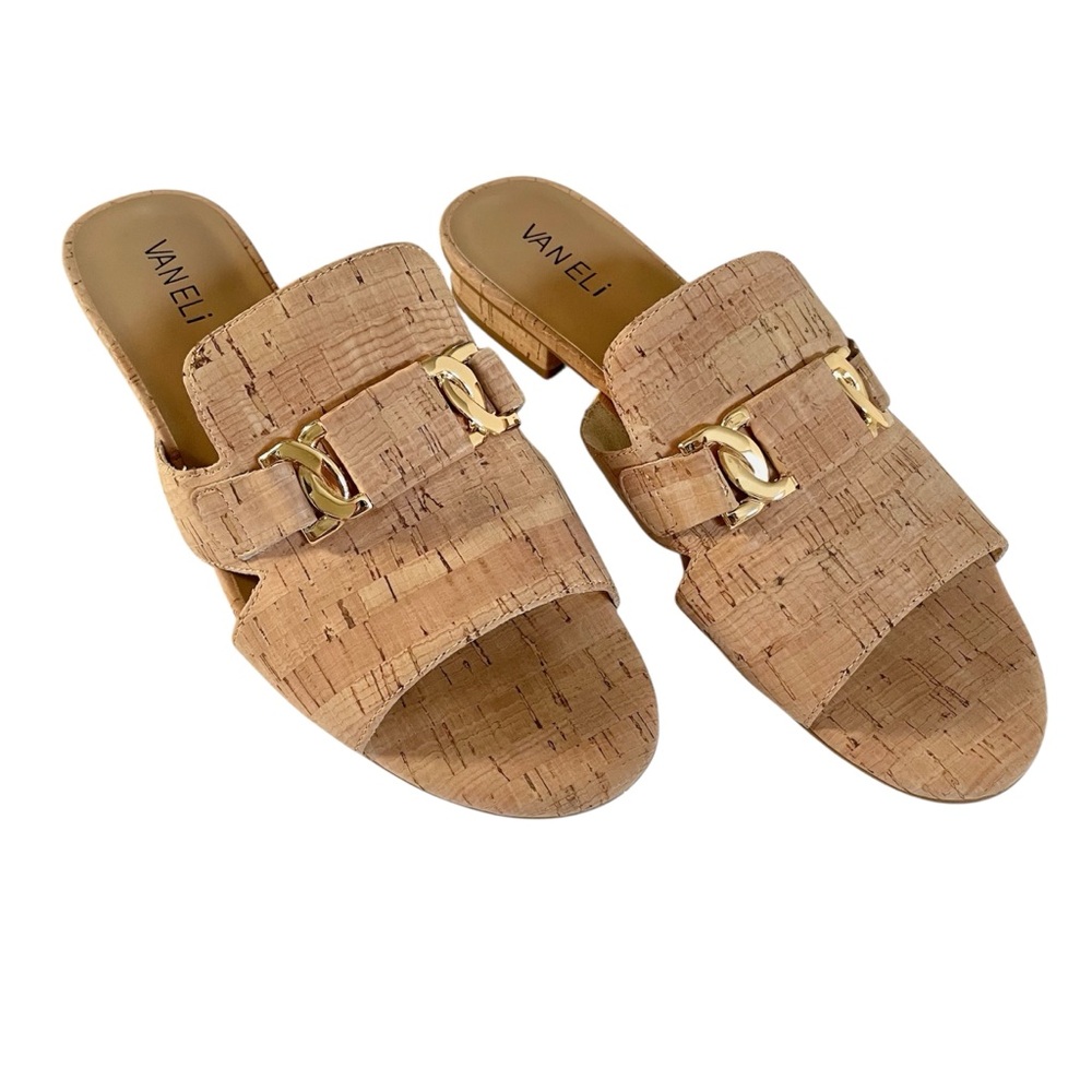 Vaneli Cork Slide Sandals Size 9 Gold Bit Low Block Heel